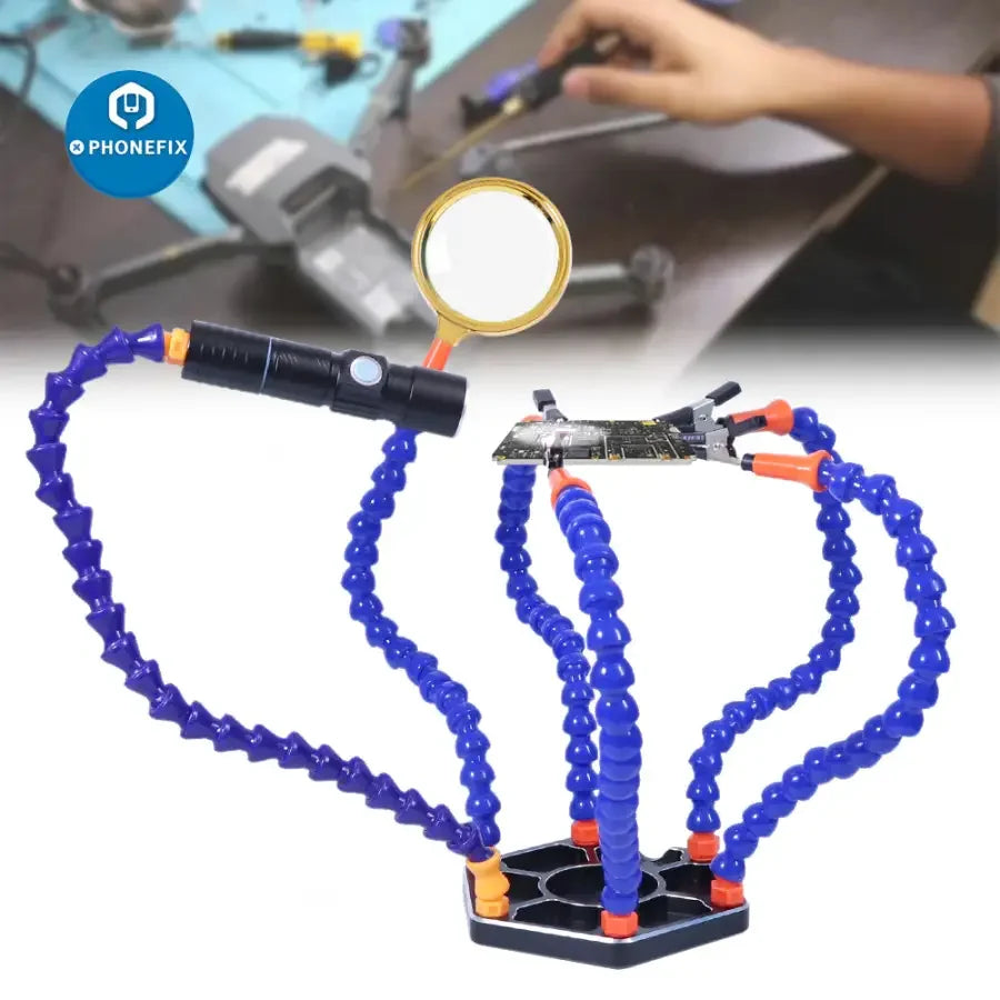 LED third hand soldering PCB holder for RC helicopter drone repair, PHONEFIX RC drone repair tool with LED illumination.
