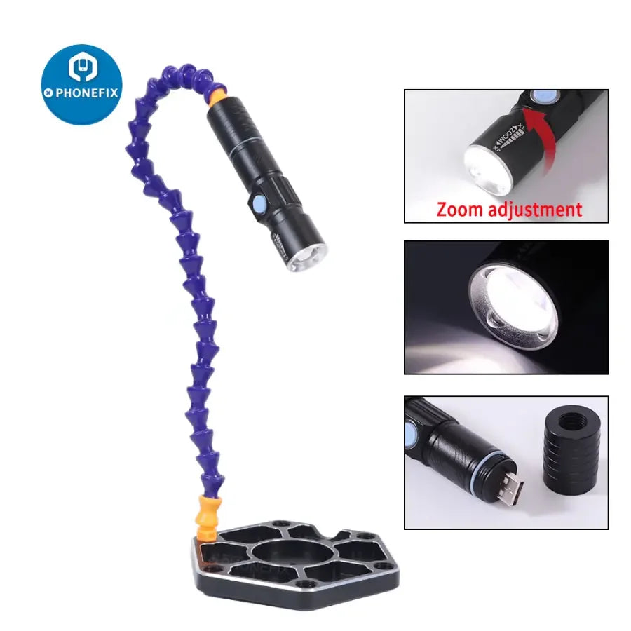 PhoneFix LED third hand soldering PCB holder for RC helicopter and drone repairs, with adjustable arms and built-in light.