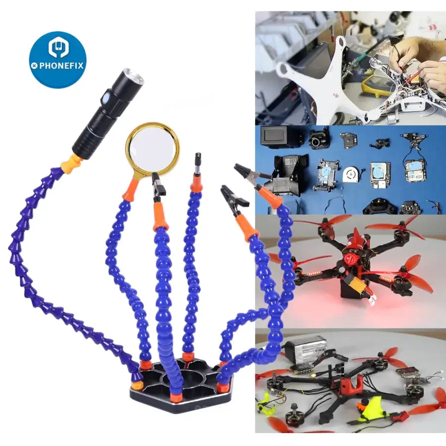 Phonefix LED third hand soldering PCB holder for RC helicopter and drone repair, featuring adjustable arms and built-in LED light.