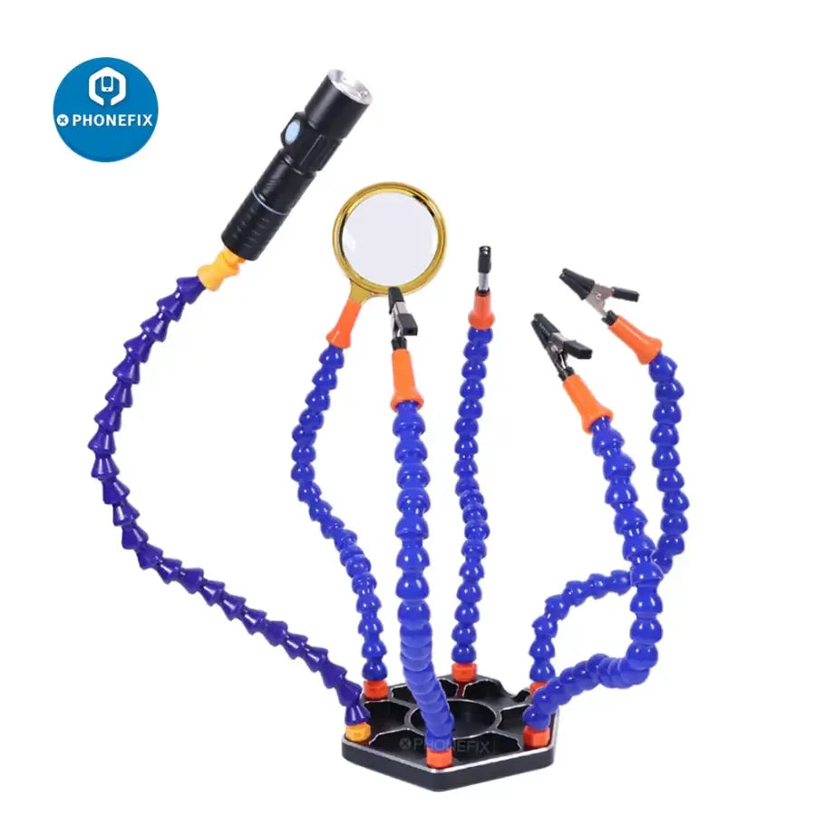 PhoneFix LED third hand soldering PCB holder for RC helicopter and drone repair, with built-in light for precise work.