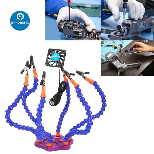 PHONEFIX LED third hand soldering PCB holder for RC helicopter and drone repair, with built-in light and adjustable arms.