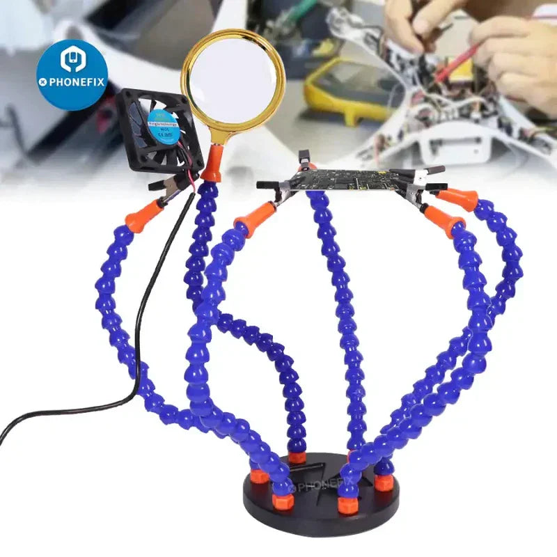 LED third hand soldering PCB holder by PHONEFIX with light, designed for RC helicopter and drone repair tools.