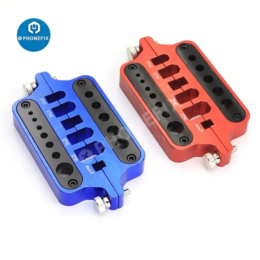 PhoneFix multi-function XT60/90 T plug connector soldering tool holder for RC car and drone repair, with secure tool storage.