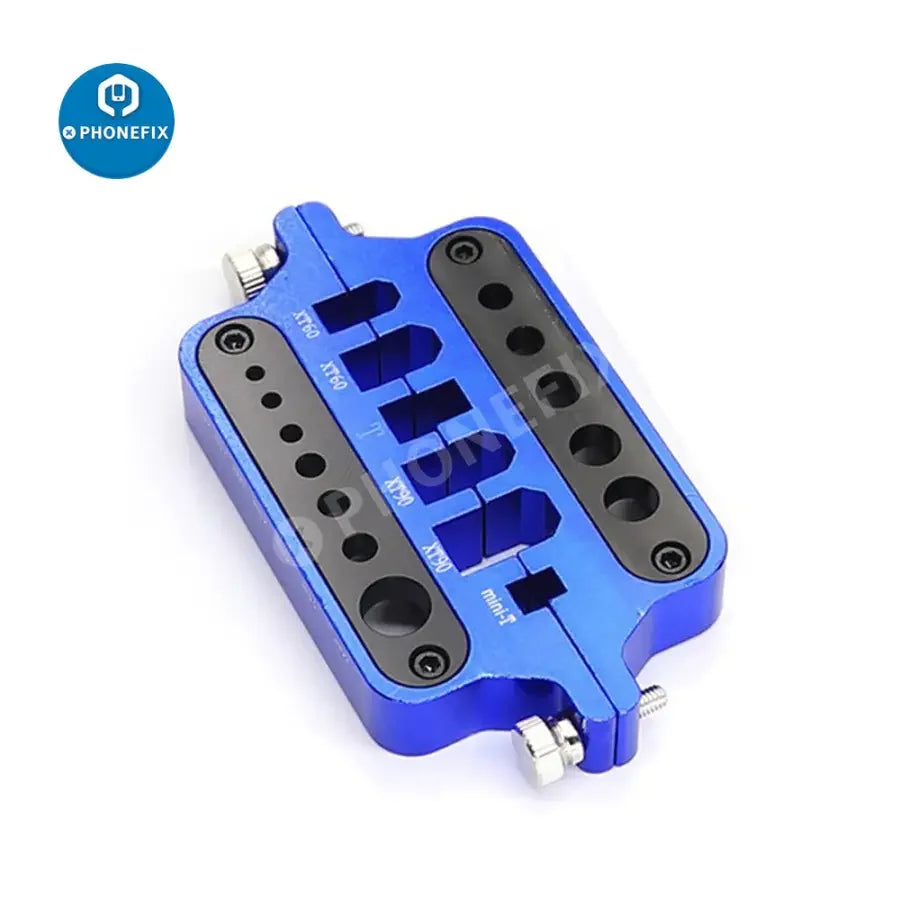 Red PHONEFIX multi-function XT60/90 T plug connector soldering tool holder for RC car and drone repair tools.