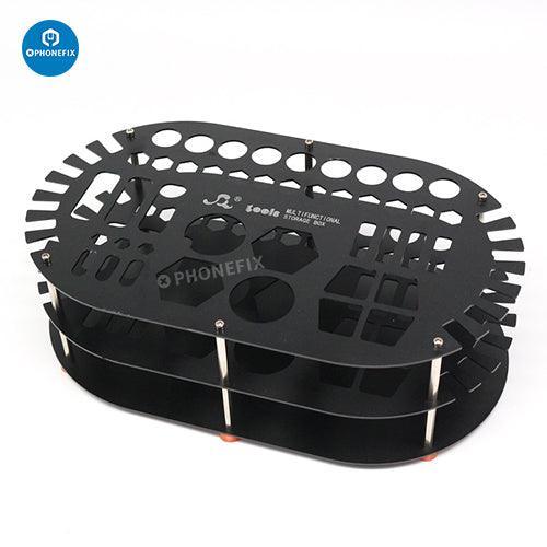 PhoneFix RC drone repair tools in a red multi-purpose storage box with screwdriver organizers and stand for easy toolkit access.