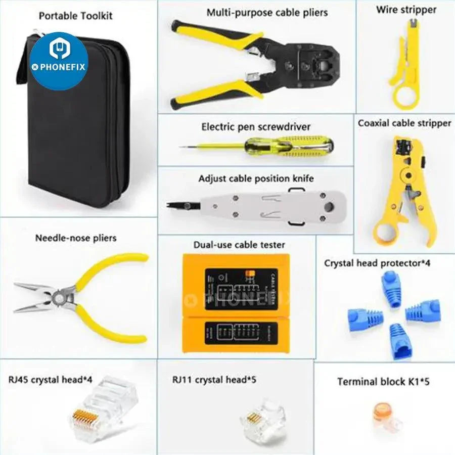 PHONEFIX RC drone repair tool kit with cable tester and plier crimp for PC repair, featuring essential electronics repair tools.
