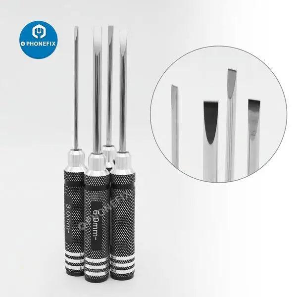PHONEFIX RC drone repair tools with 3/4/5/6mm slotted blade tip screwdrivers for precise RC quadcopter maintenance.