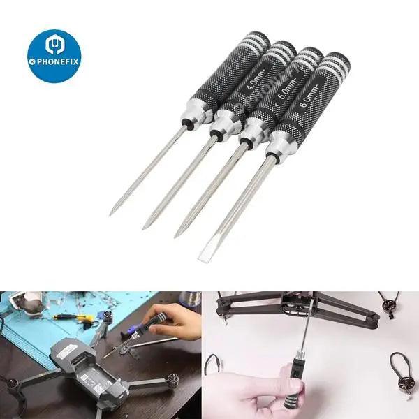 PHONEFIX RC drone repair tools set with slotted blade screwdrivers in 3mm, 4mm, 5mm, and 6mm sizes for quadcopter maintenance.