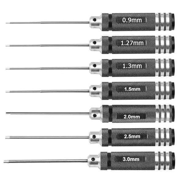 PHONEFIX RC drone repair toolkit with hex screwdrivers in 0.9, 1.27, 1.3, 1.5, 2, and 3mm sizes, suitable for drone maintenance.