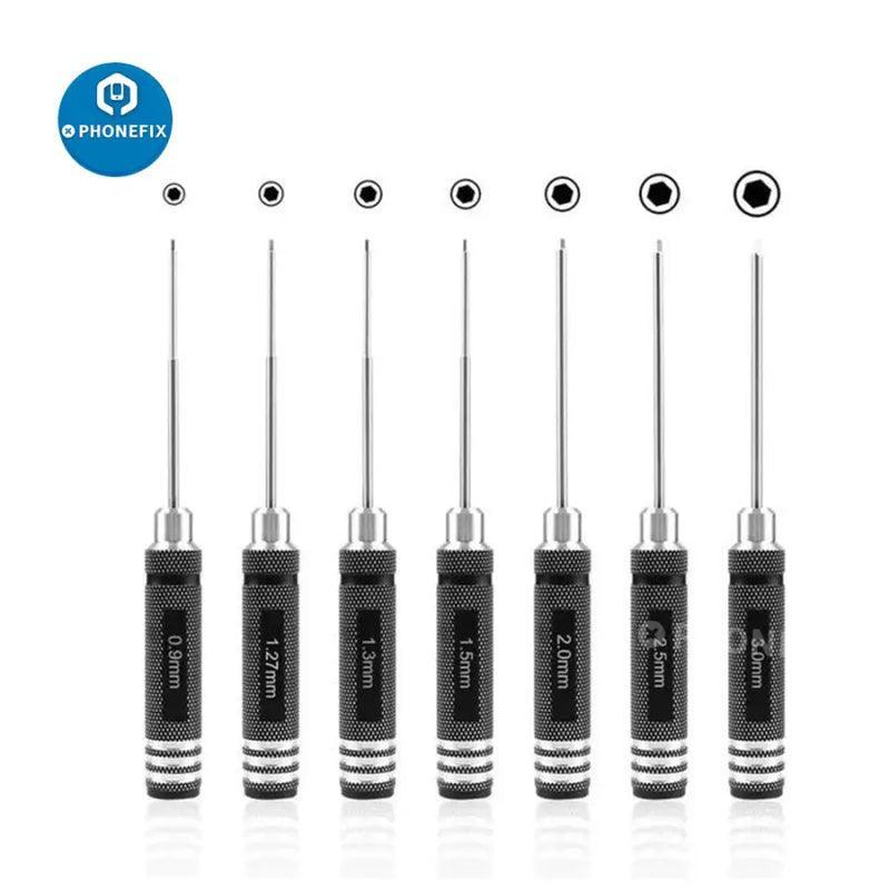 PHONEFIX RC drone repair toolkit with hex screwdriver set in 0.9, 1.27, 1.3, 1.5, 2, and 3mm sizes for drone maintenance.
