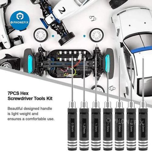 PHONEFIX RC drone repair toolkit with hex screwdrivers in 0.9mm to 3mm sizes for precise drone maintenance and repairs.