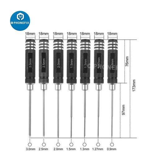 PHONEFIX RC drone repair toolkit with hex screwdriver set including 0.9mm to 3mm precision screwdrivers for drone maintenance.