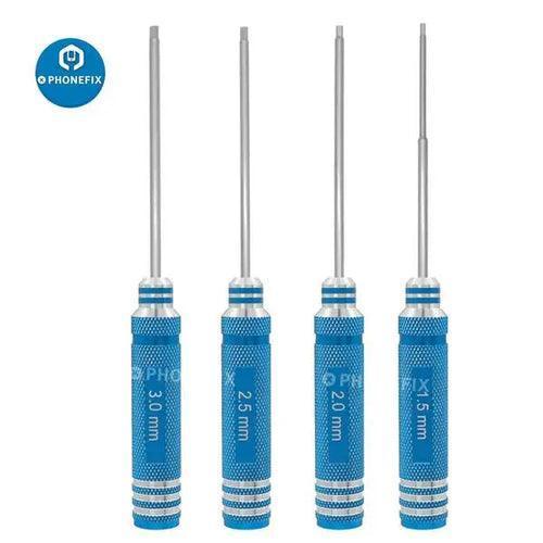 Set of PHONEFIX 1.5mm to 3mm hexagonal screwdrivers for RC car and drone repair, featuring ergonomic handles and precision tips.
