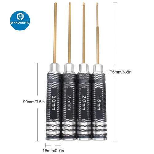 PHONEFIX hexagonal screwdriver set for RC car and drone repair, includes 1.5mm, 2mm, 2.5mm, and 3mm tools on a compact toolkit.