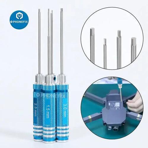 PHONEFIX RC drone repair tools, 1.5mm to 3mm hexagonal screwdriver set for RC car and drone maintenance, with ergonomic handles.