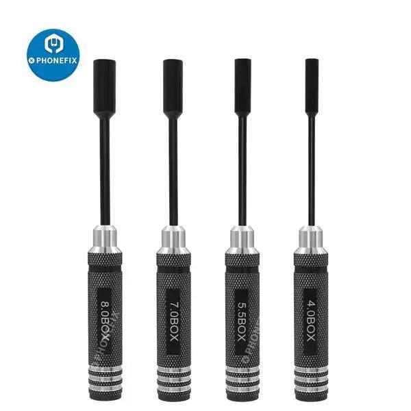 PHONEFIX RC drone repair tools, 4/5.5/7/8mm hex driver set with hexagonal socket screwdrivers for precise drone maintenance.