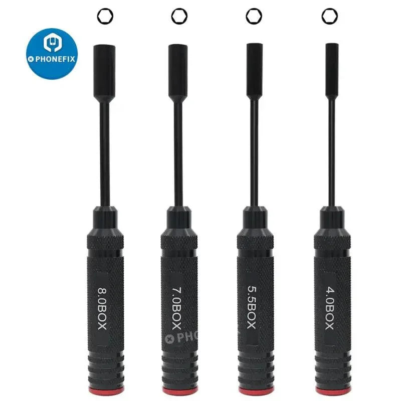 PHONEFIX RC drone repair hex driver set with 4, 5.5, 7, and 8mm hexagonal head screwdrivers for precise drone maintenance.