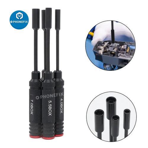 PhoneFix RC drone repair tools featuring a 4/5.5/7/8mm hex driver set with hexagonal socket screwdrivers for precise drone maintenance.