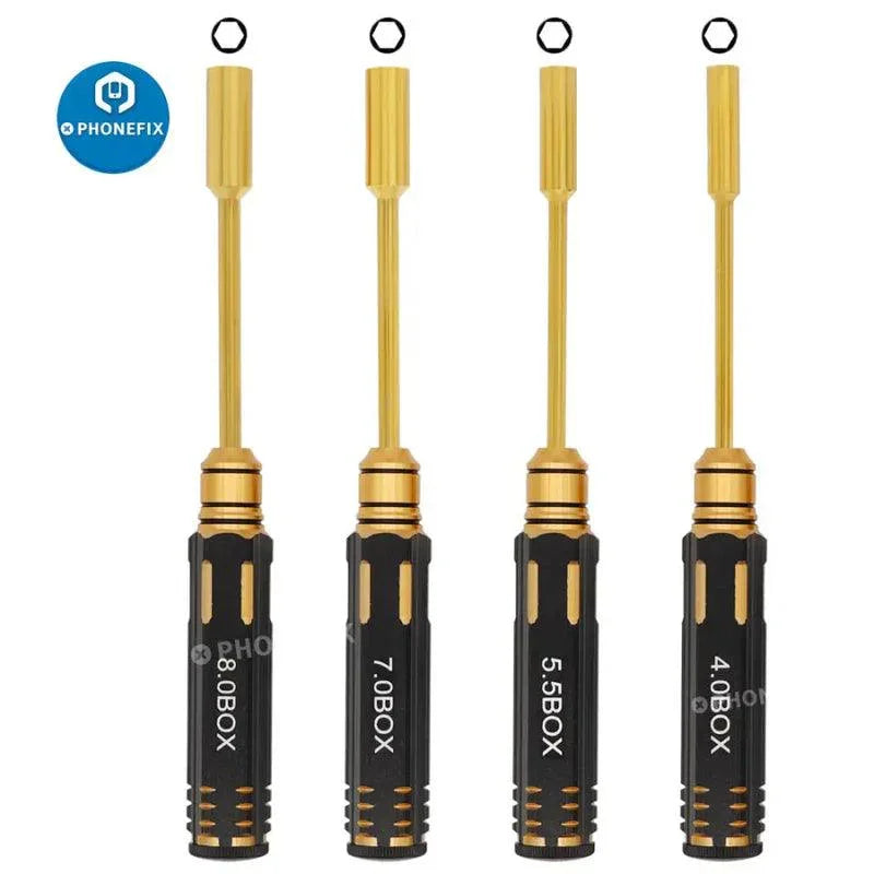 PHONEFIX RC drone repair tools set with 4/5.5/7/8mm hex driver bits and hexagonal socket screwdrivers for precise drone maintenance.