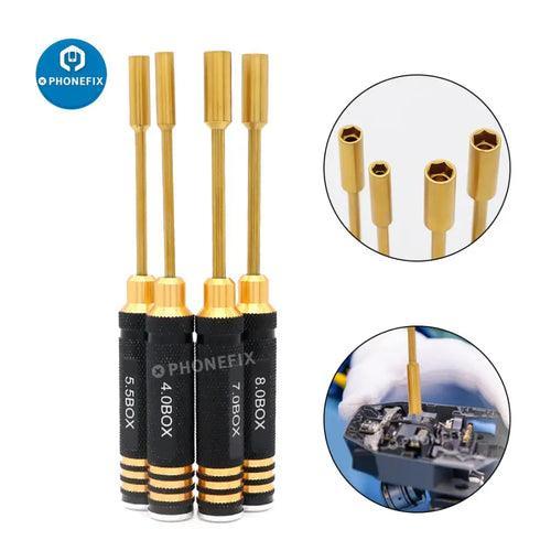 PHONEFIX RC drone repair tools, 4/5.5/7/8mm hex driver set with hexagonal socket screwdrivers for precise drone maintenance.