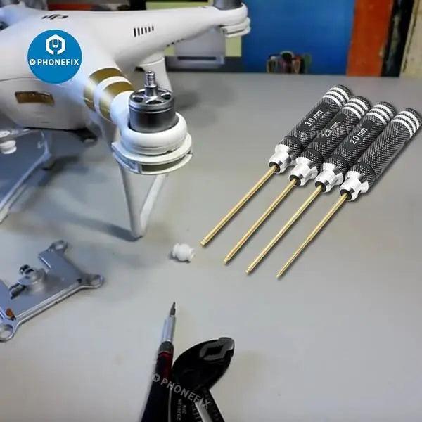Set of PHONEFIX RC drone repair hex keys with 1.5mm to 3mm hex screwdrivers for RC drone maintenance and assembly.