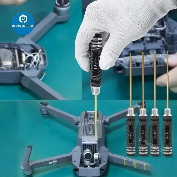PHONEFIX RC drone repair tools set with 1.5mm to 3mm hex key screwdrivers, ideal for RC drone and electronics repairs.