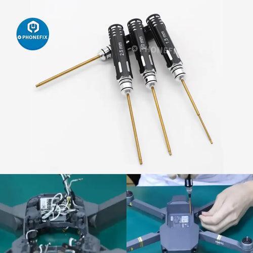PHONEFIX RC drone repair toolkit with 1.5mm to 3mm hex key screwdrivers for precise hexagon screw adjustments.