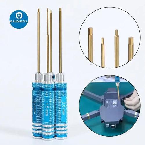 PHONEFIX RC drone repair hex key set with 1.5, 2, 2.5, and 3mm hex screwdrivers for precise RC drone maintenance.