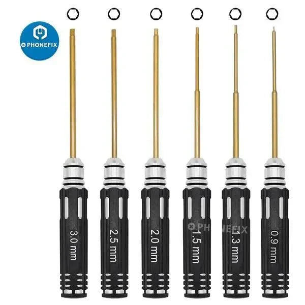 Six-piece PHONEFIX hex driver screwdriver kit for RC helicopter, car, and drone repair, featuring precision tools for hobbyist maintenance.
