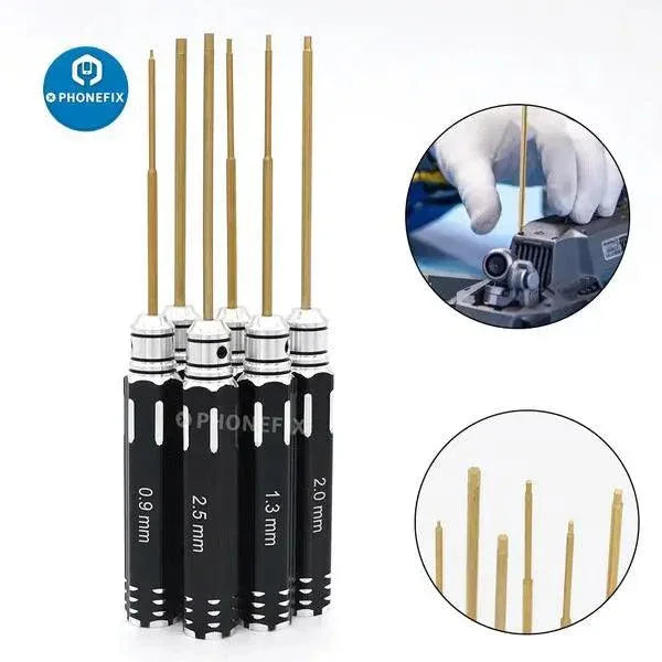 PHONEFIX 6-piece hex driver screwdriver kit for RC helicopter, car, and drone repair tools, with precision screwdrivers for RC maintenance.