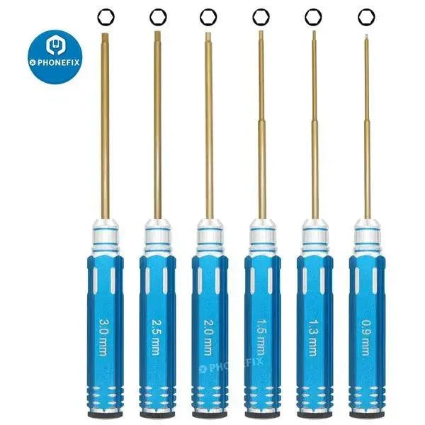 PHONEFIX 6-piece RC drone repair hex driver screwdriver kit with precision tools for helicopter, car, and drone maintenance.