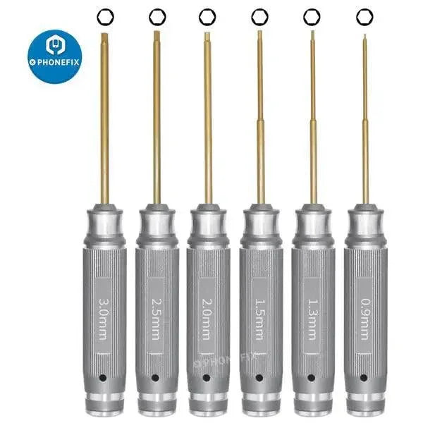 PHONEFIX 6-piece hex driver screwdriver kit for RC helicopter, car, and drone repair, includes precision tools for small electronic repairs.