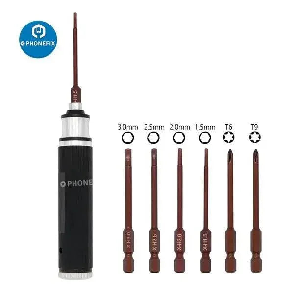 PhoneFix 6-in-1 hex screwdriver wrench tool kit for RC drone and quadcopter repair, featuring multiple precision screwdrivers.