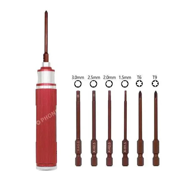 PhoneFix 6-in-1 hex screwdriver wrench kit for RC drone and quadcopter repair, featuring multiple precision tools in a compact set.