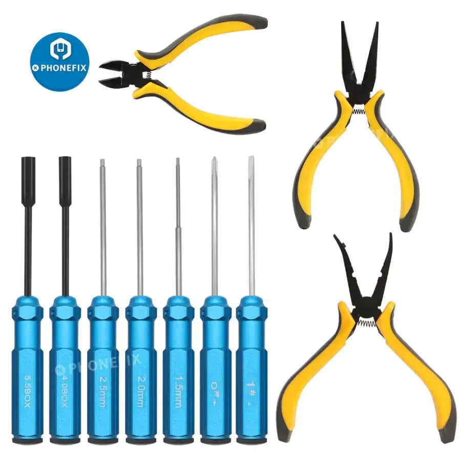 PHONEFIX 10-in-1 RC screwdriver and pliers toolkit for repairing RC cars, helicopters, and drones with hex bits and versatile tools.