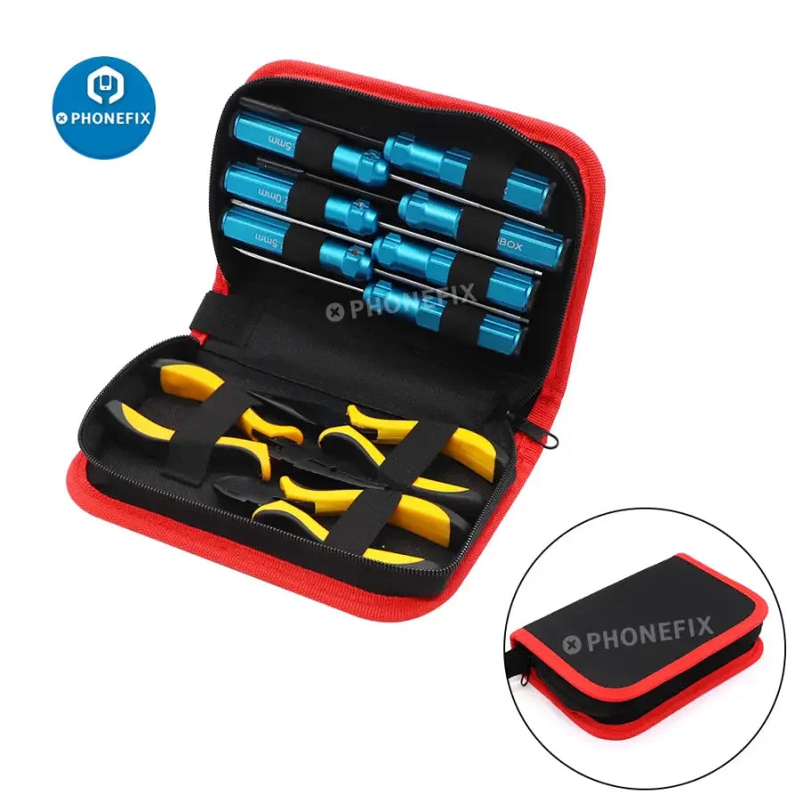 PHONEFIX 10-in-1 RC screwdriver pliers toolkit with hex bits for RC car and helicopter repair, compact and versatile RC drone repair tools.