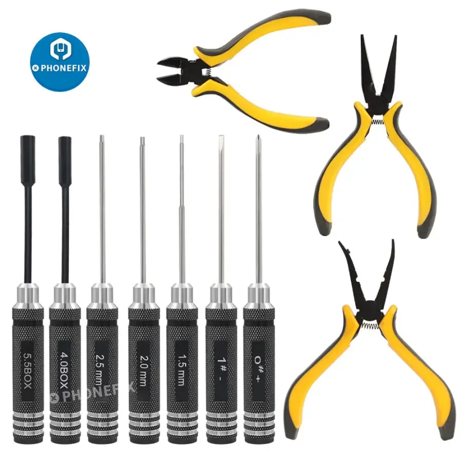 PHONEFIX 10-in-1 RC screwdriver and pliers toolkit for RC cars and helicopters, ideal for drone repair and maintenance.