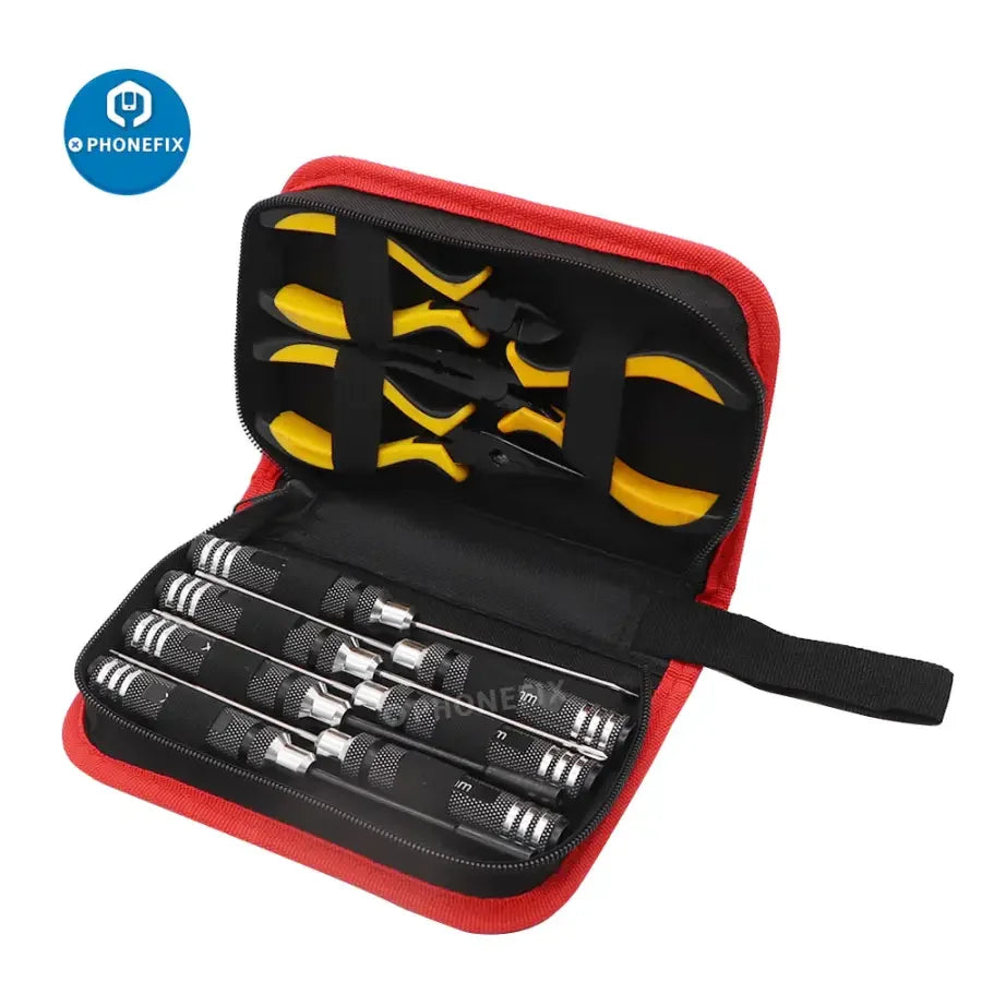 Phonefix 10-in-1 screwdriver and pliers RC toolkit set with hex repair tools for RC cars, helicopters, and drones.