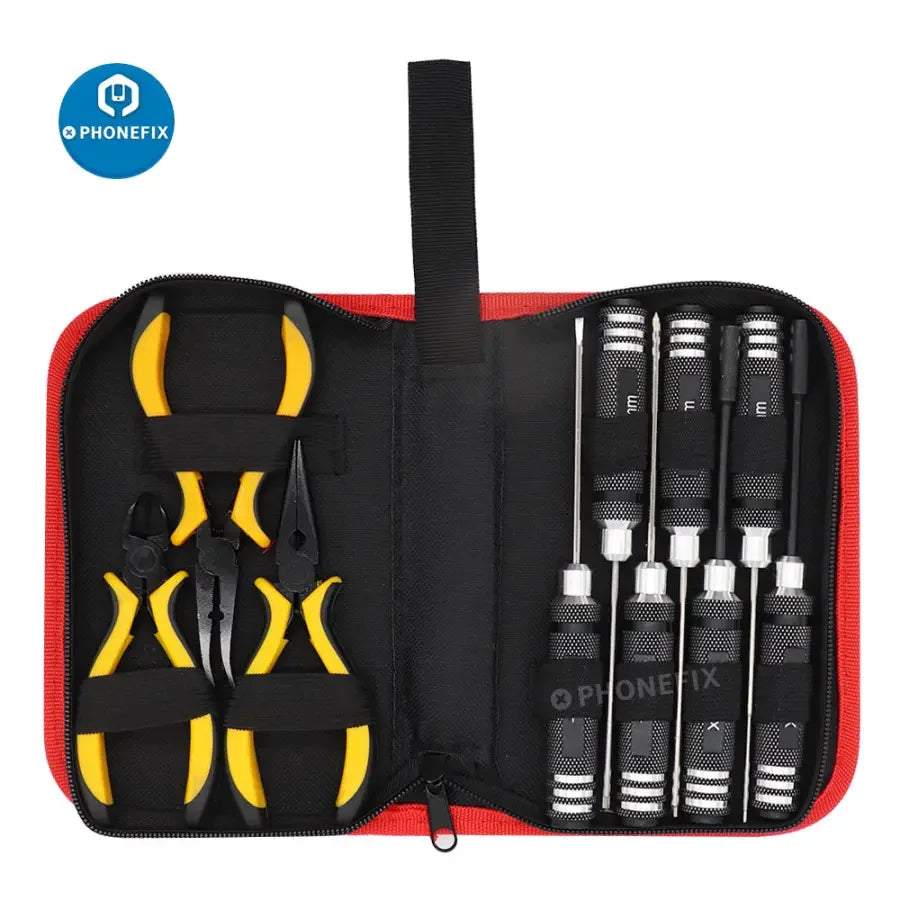 PHONEFIX 10-in-1 RC screwdriver and pliers toolkit for RC car and helicopter repair, featuring hex tools and precision instrument.