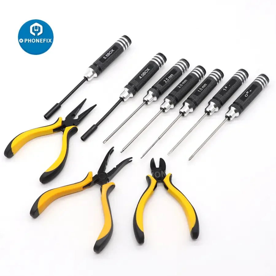 PHONEFIX 10-in-1 RC screwdriver pliers and hex repair toolkit set for RC cars and helicopters, with multiple interchangeable bits.