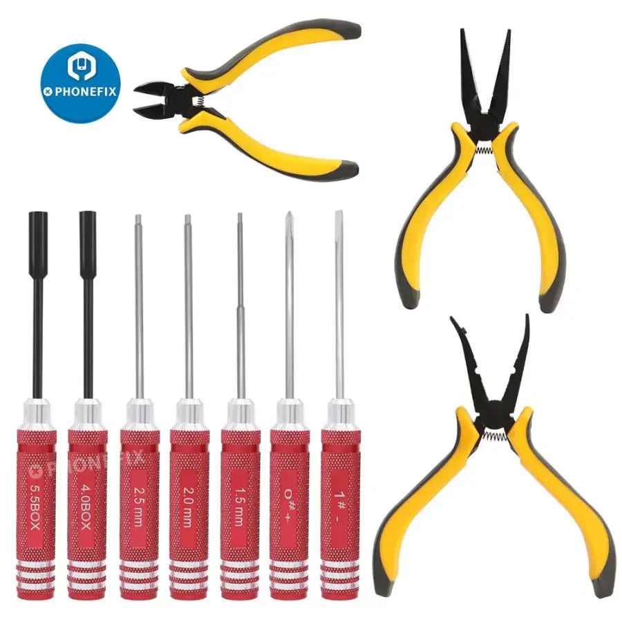 PHONEFIX 10-in-1 RC screwdriver and pliers toolkit for RC car and helicopter repair, featuring hex bits and versatile tools for drone maintenance.