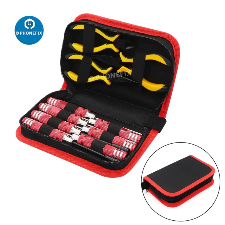 PHONEFIX 10-in-1 RC screwdriver and pliers toolkit for repairing RC cars and helicopters, featuring hex bits and versatile tools.