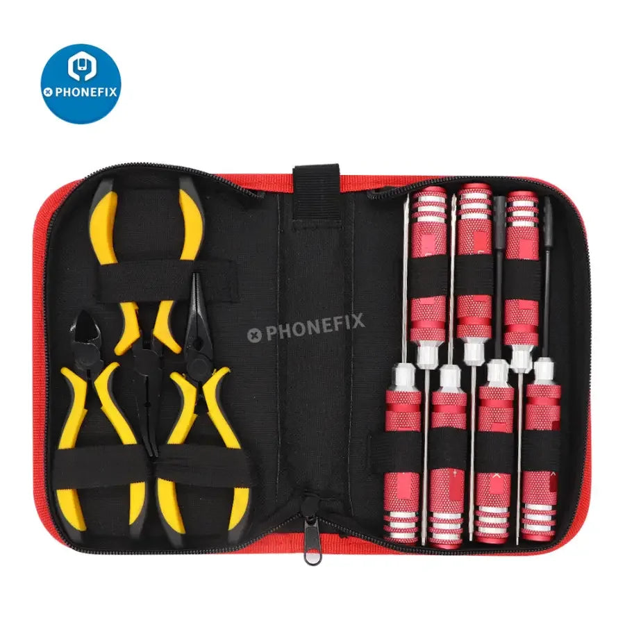 PHONEFIX 10-in-1 RC screwdriver and pliers toolkit for RC car and helicopter repair, including hex tools and precision tools.