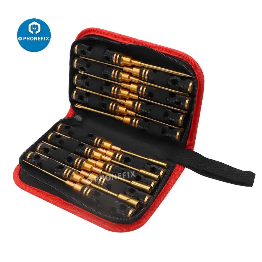 PHONEFIX 16-in-1 hex screwdriver set for RC car and drone repair, featuring multiple precision bits and ergonomic handle.