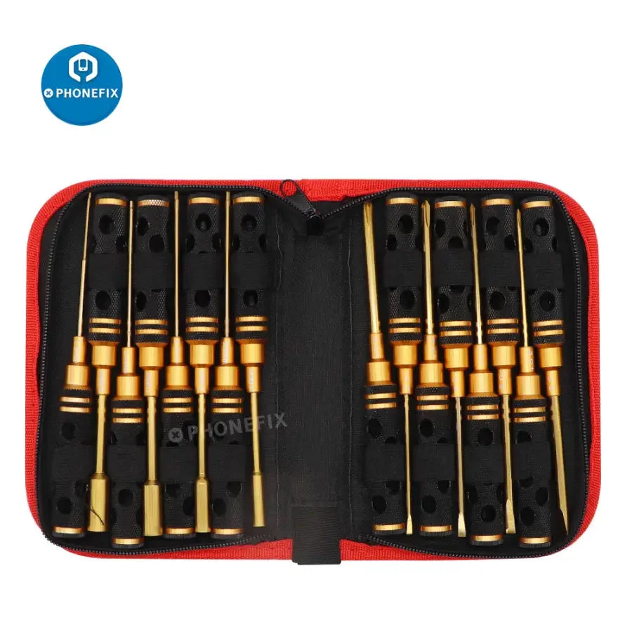PHONEFIX 16-in-1 RC drone repair tool kit with hex screwdrivers for RC car and multirotor maintenance and repairs.