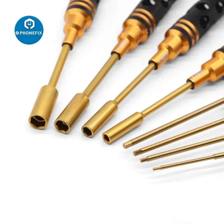 PHONEFIX 16-in-1 Hex Screwdriver Set for RC cars and multirotors, featuring various precision screwdrivers for drone repair tasks.