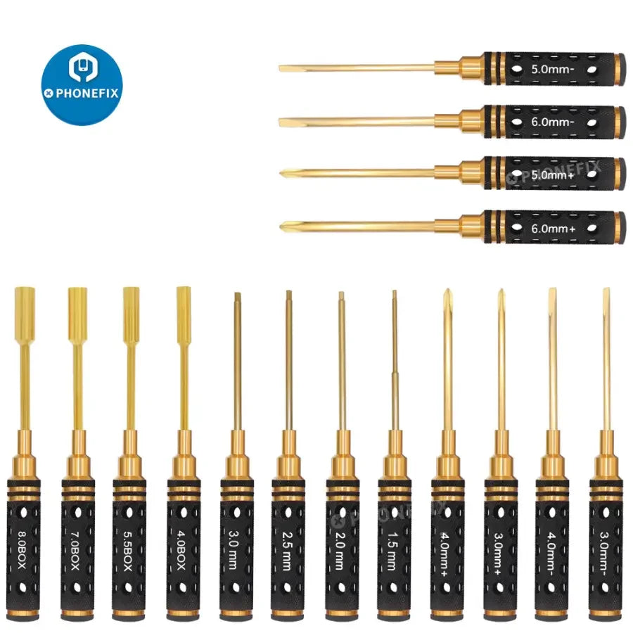 PHONEFIX 16-in-1 Hex Screwdriver Set for RC drone and car repair, including various hex tools for multirotors and RC vehicle maintenance.
