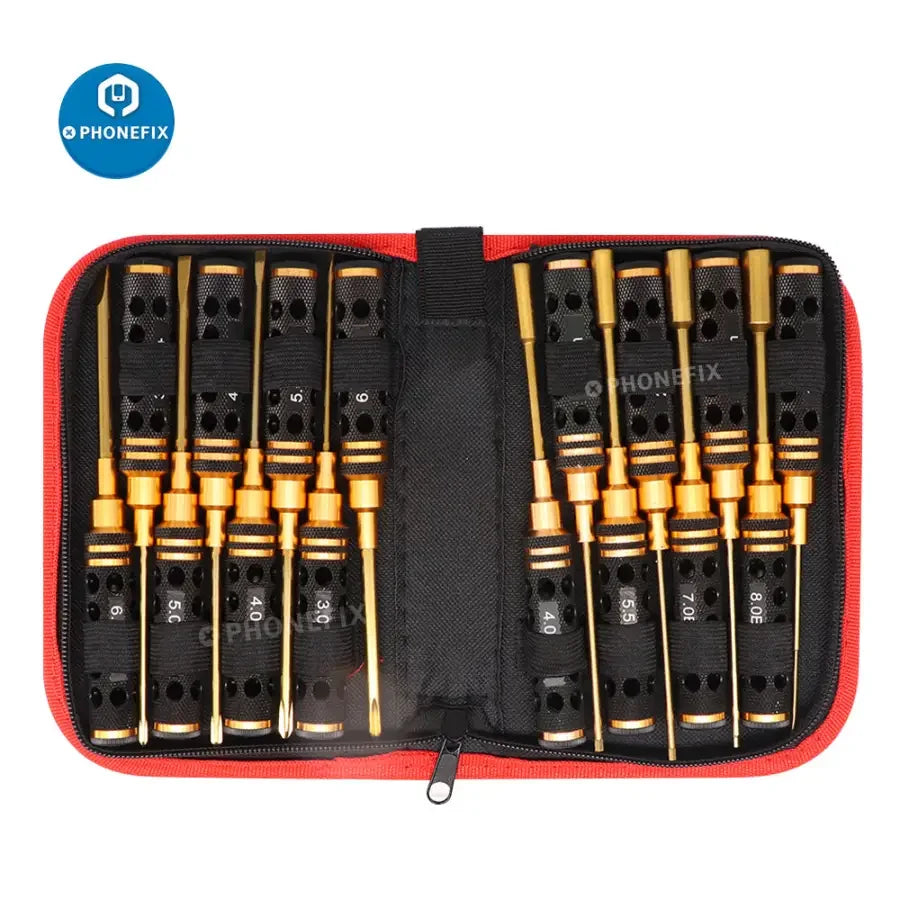 PhoneFIX 16-in-1 hex screwdriver set for RC drone and car repairs, featuring multiple precision tools for multirotor maintenance.