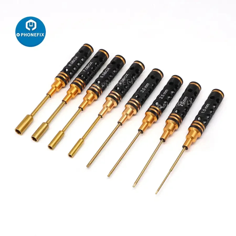 PHONEFIX 16-in-1 RC drone repair hex screwdriver set with various sizes for RC car and multirotor maintenance.