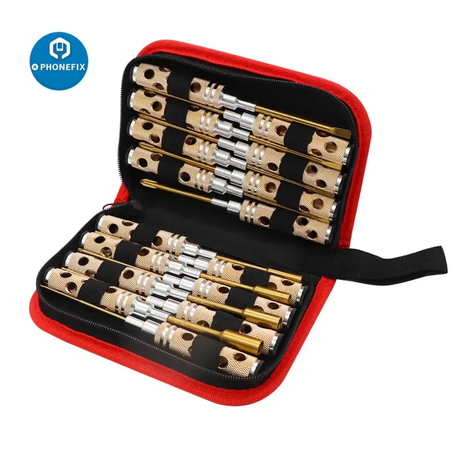 PhoneFIX 16-in-1 RC drone repair tool kit featuring hex screwdrivers for RC car and multirotor maintenance.